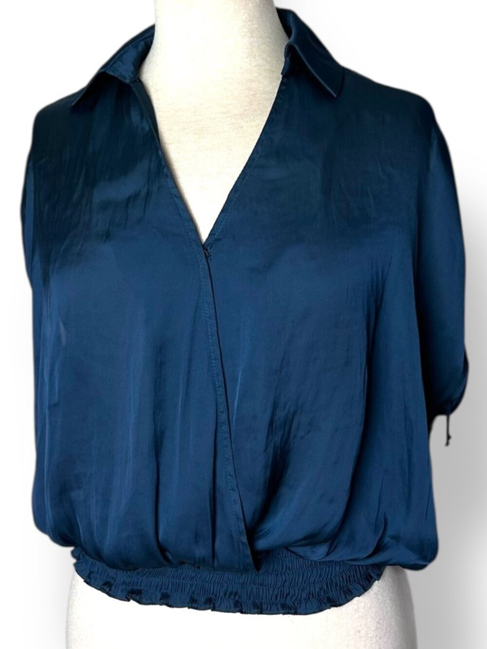 Lola & Sophie Blue Faux Wrap Blouse Top Short Sleeves Smocked Waist S XS